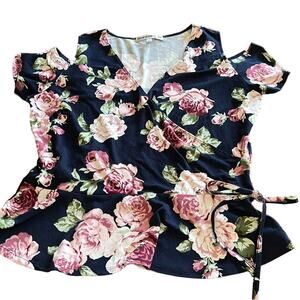 Trendyland Floral Print Knit Surplice Cold Shoulder Top Juniors Size XL Peplum